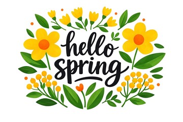 Watercolor hello spring lettering illustration with yellow flowers and green leaves isolated on white background