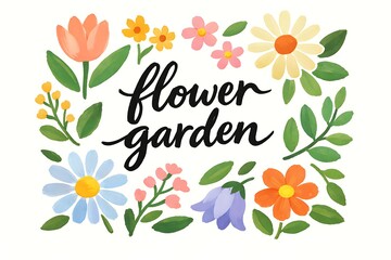 Watercolor flower garden lettering illustration with colorful flowers and leaves isolated on white background