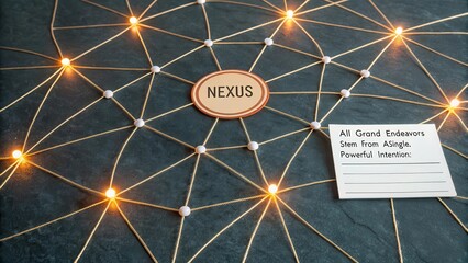 Central Nexus Connecting Glowing Nodes in a Complex Network Structure