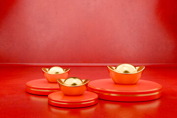 Red and Gold Festive Stage with Traditional Wealth Symbols, 3D Illustration