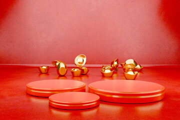 Luxury Red Podium Display with Golden Bowls, Minimal Chinese Festival Theme