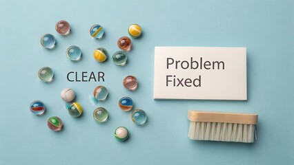 Clear concept of problem fixed with scattered marbles brushed aside and a cleaning brush