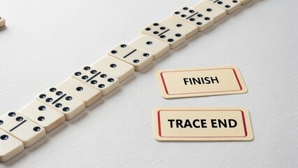Dominoes line leading to a 'FINISH' card, representing the concept of completion and successful strategy