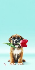Adorable boxer puppy holding red tulip flower in mouth