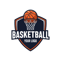 Dynamic basketball logo featuring a vibrant orange ball and modern shield
