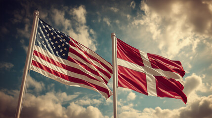Obraz premium Flags of denmark and the united states of america against a dramatic sky symbolizing unity outdoor landscape viewpoint