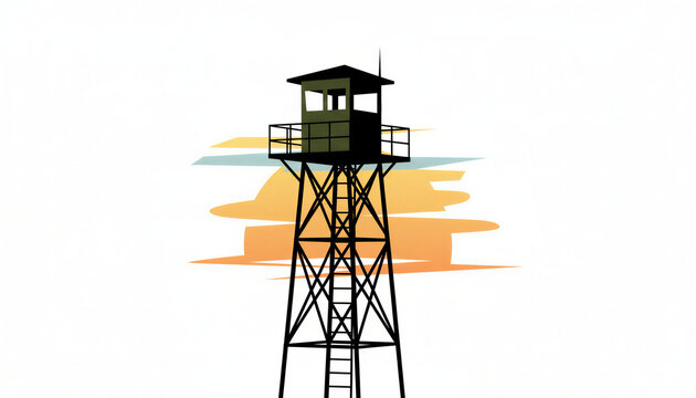 Illustration of a watchtower against a sunset backdrop, emphasizing structure and observation