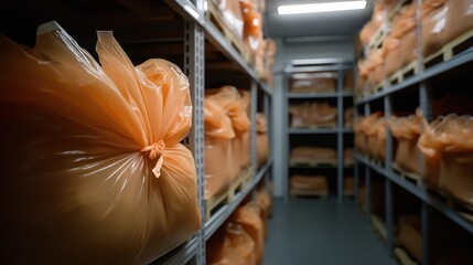 Orange plastic bags tied securely with handles are stored on metal shelves in a brightly lit warehouse corridor