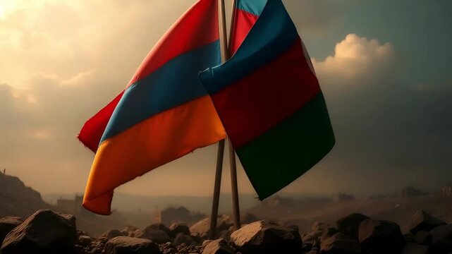 flags of armenia and azerbaijan waving in the wind against mountain landscape and ruins under cloudy sky
