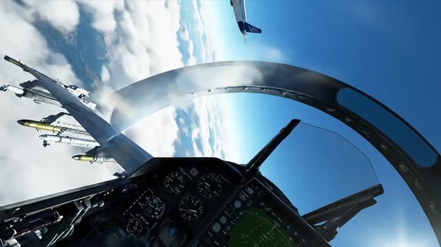 cockpit view of fighter jet following passenger airplane in clear blue sky above clouds