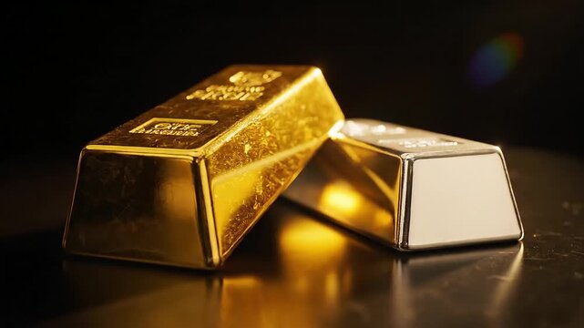two heavy gold and silver bars lying on dark mirror surface under directional light beam