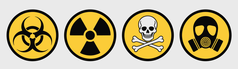 Hazard danger yellow vector signs, radiation, biohazard, toxic icons, gas mask symbol, vector design for workplace safety, chemical hazard warnings, and protective signage.
