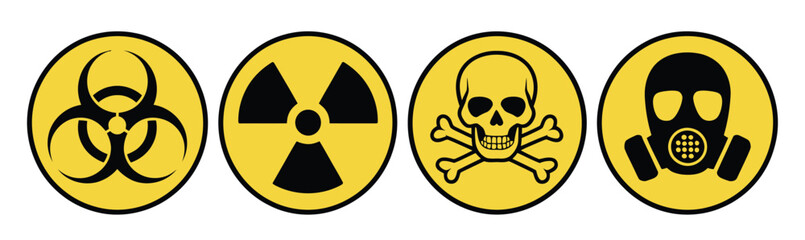  Hazard danger yellow vector signs, radiation, biohazard, toxic signs, gas mask icon, vector illustration for industrial safety, emergency alerts, and hazardous material communication.