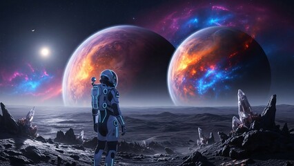 Astronaut gazes at alien planets in a vibrant nebula, exploring a distant, colorful galaxy.