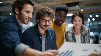 A diverse team collaborates enthusiastically, examining a cutting-edge electric vehicle prototype, with charts and digital displays showing performance data in a futuristic office space. cinematic
