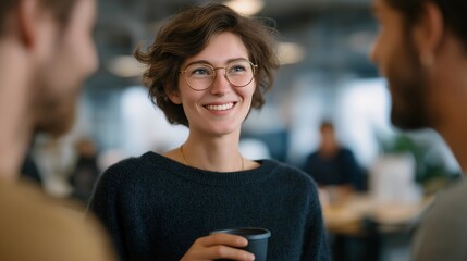 Office coffee break with coworkers chatting casually, modern workplace interior, people holding cups, relaxed atmosphere, teamwork culture, social interaction, short rest during workday and
