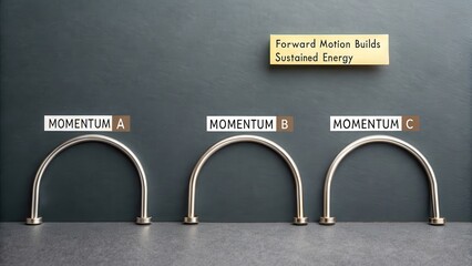 Three Balanced Metallic Arcs Illustrating Forward Motion and Sustained Energy in Minimalist Design