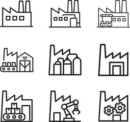 Factory and manufacturing web icons in linear silhouette style, vector EPS isolated.