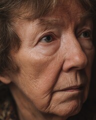 senior woman with calm tired eyes, natural wrinkles, honest portrait, soft contrast