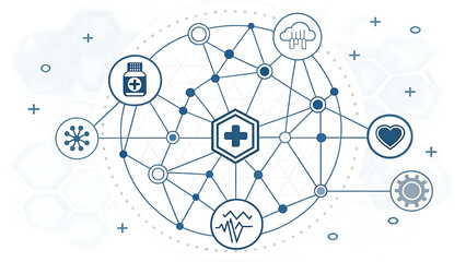 Healthcare Technology Network Illustration with Medical Icons and Global Connectivity