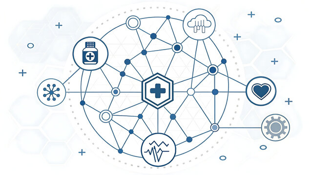 Healthcare Technology Network Illustration with Medical Icons and Global Connectivity - Powered by Adobe