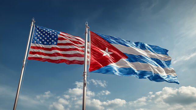 Cultural exchange event united states of america and cuba flags in motion outdoor celebration sky background