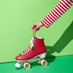 Red Roller Skate Tying Laces Sport Equipment Active Lifestyle