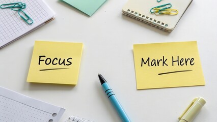 Yellow sticky notes labeled Focus and Marketing sit on a clean white desk with a blue pen