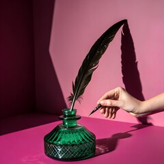 Elegant Quill Pen Writing Instrument With Inkwell, Vintage Stationery