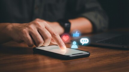 Person using a smartphone with fingers tapping the screen while colorful app icons are visible around the device