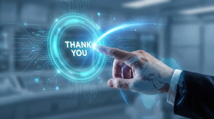 Hand reaching out to interact with a glowing holographic display showing the words thank you in a futuristic setting