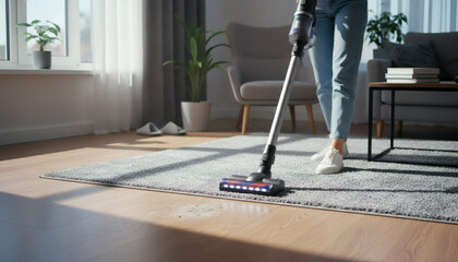 Fototapeta premium Woman cleaning living room floor with a modern cordless stick vacuum cleaner, demonstrating efficient home care and hygiene