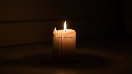 Single lit candle glowing in darkness with inspirational text