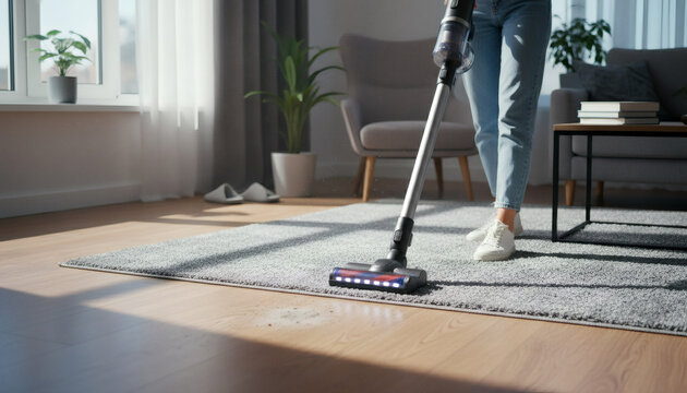 Woman cleaning living room floor with a modern cordless stick vacuum cleaner, demonstrating efficient home care and hygiene