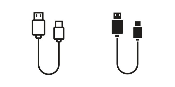 USB cable icons in black glyph and liner versions for design.
