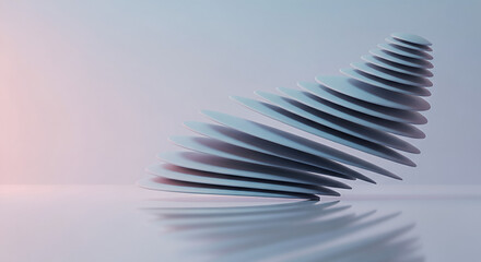 A futuristic spiral structure rises elegantly from a serene landscape at sunset