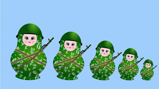 An army of wooden nesting dolls in military uniform. Animation, presentation.