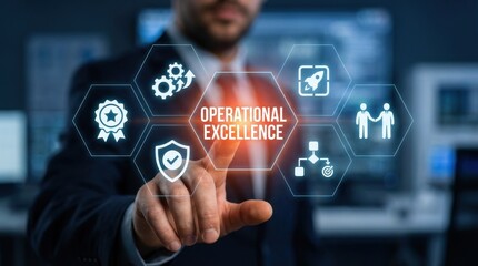 A man in a suit interacts with glowing icons and digital interfaces in a futuristic technology environment with screens visible