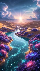 A surreal fantasy landscape at dawn