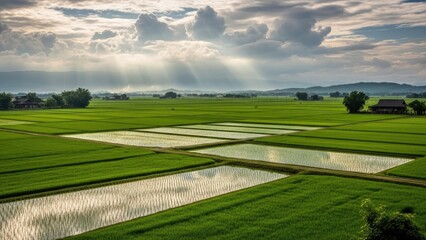 Obraz premium Rice Paddy Fields with Cloudy Sky Landscape.