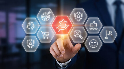 Hand selecting a glowing icon among various hexagonal technology symbols representing digital services and security