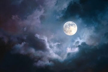 Full moon shining through clouds in night sky with visible details and colors up high Generative AI