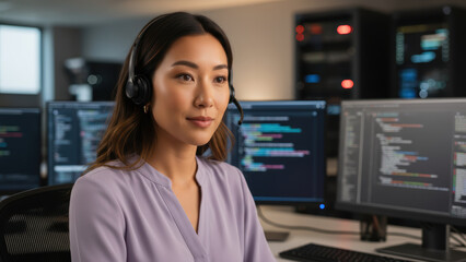 Woman Software Developer Wearing Light Blue Shirt Working on Code at Office Desk with Multiple Monitors, Headset, Modern Tech Workspace, Front View