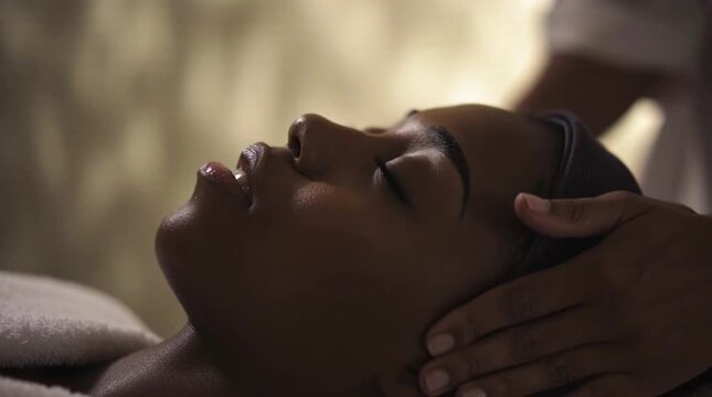 Black woman receiving a facial massage at a luxury spa. Her eyes are closed as a therapist&rsquo;s hands gently rest on her forehead and temples, creating a serene atmosphere of relaxation