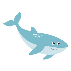 Obraz premium Cute Cartoon Baby Whale. Smiling Sea Animal Character. Blue Ocean Mammal. Flat Vector Illustration for Kids and Nursery Design.