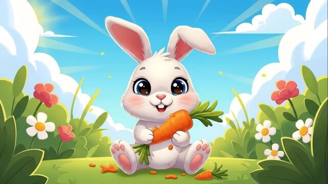 Adorable Cartoon Bunny Rabbit Eating Carrot In A Sunny Spring Meadow