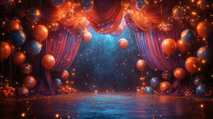 Elegant carnival stage scene with decorative drapes, balloons, and open space for event messaging