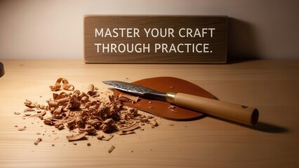 Woodworking Chisel and Shavings on a Wooden Surface