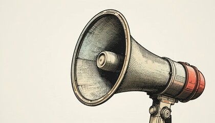 Vintage styled illustration of a classic megaphone or bullhorn with a red band isolated on a clean light background