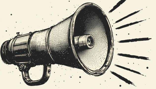 Vintage etching of a megaphone with radial lines emanating on a textured speckled off white background